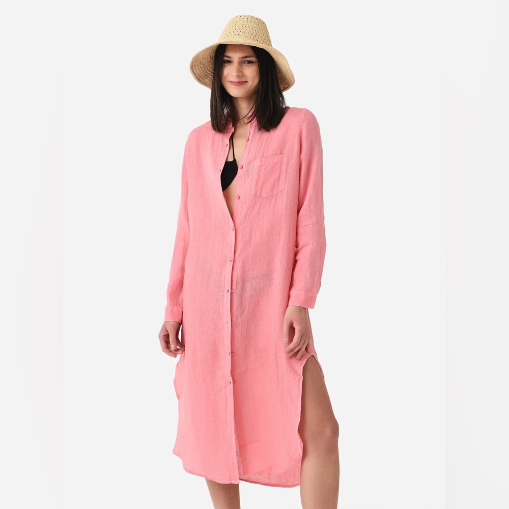 LOFT Linen Hi-Lo Shirt slip tie long sleeve Button Tunic red/coral kurta dress M